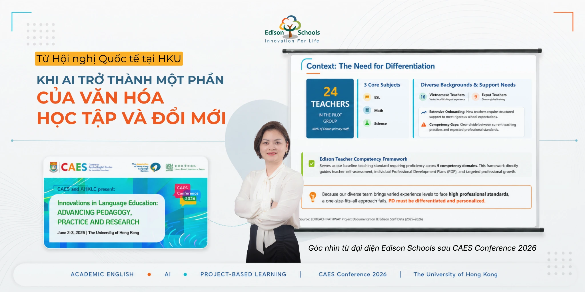 Cô Vũ Như Quỳnh trình bày workshop về phát triển giáo viên trong thời đại AI tại CAES Conference 2026, Đại học Hong Kong